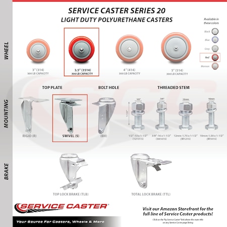 Service Caster 3.5 Inch Red Polyurethane Wheel Swivel Top Plate Caster Set SCC-20S3514-PPUB-RED-4